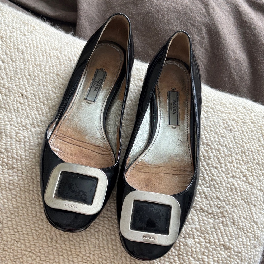 Prada Black Patent Leather Flats with Silver Buckle